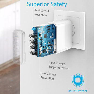 Teardown of an Anker PowerPort 4 charge, showing its inner PCB and components, with texts pointing to different parts and describing protection features. At the bottom right corner is a MultiProtect logo.